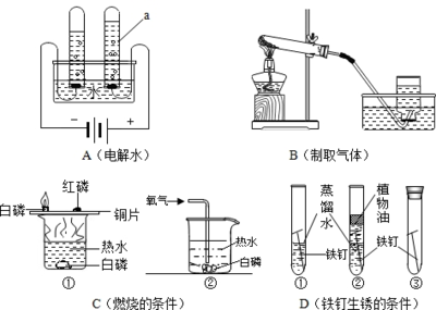 请结合如图所示实验回答问题:(1)仪器a的名称是 .电解水的过程中.发生改变的微粒是 .(2)写出一个用装置B制取气体的化学方程式 .当气体收集满后.从水槽中取出集气瓶的正确操作顺序是 .①将导气管移出集气瓶口 ②将集气瓶和玻璃片一起移出水面③在水面下用玻璃片盖住集气瓶口 ④将集气瓶正放在桌面上(3)C中发生反应的化学方程式为 ,D中最容易生锈的是 .铁制品生锈的条件是 . 题目和参考答案--精英家教网--